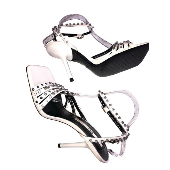 Zara Shoes - Zara Studded High Heel Sandals Size 38 White Silver Crystals Square Toe 7.5 US